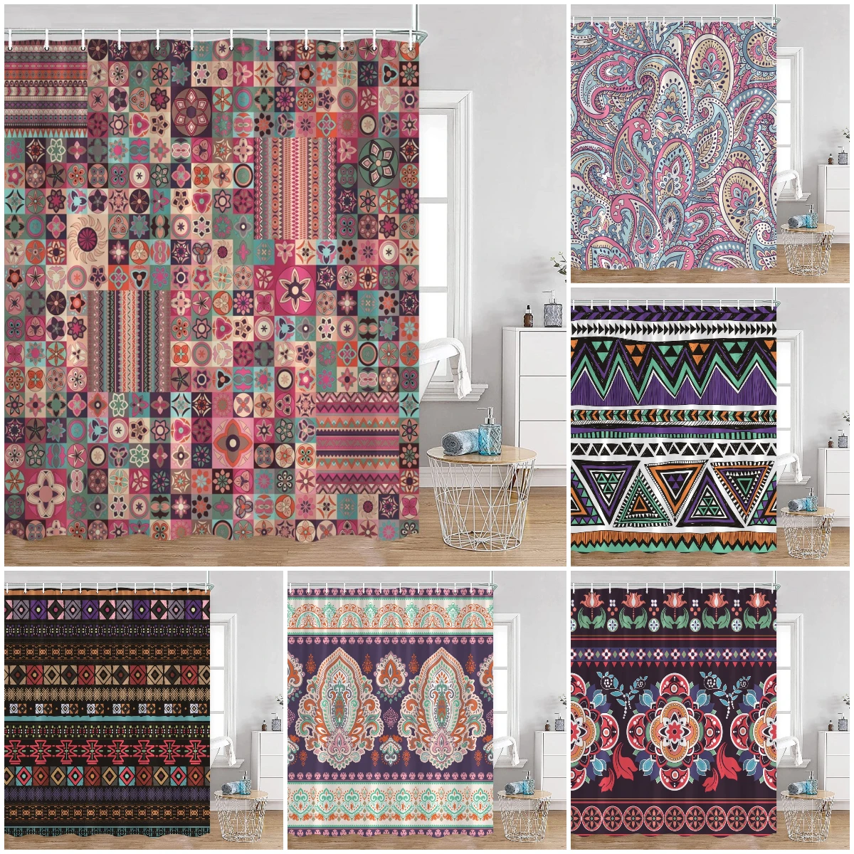 

Bohemian Vintage Shower Curtains Mandala Boho Pattern Retro Bathroom Decorations Polyester Bath Curtain with Hooks