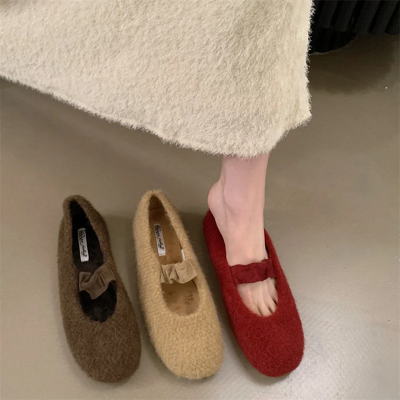 

Bailamos New Women Fur Flat Shoes Square Toe Shallow Buckle Ladies Elegant Sole Warm Ballte Shoes Casual Loafers Shoes