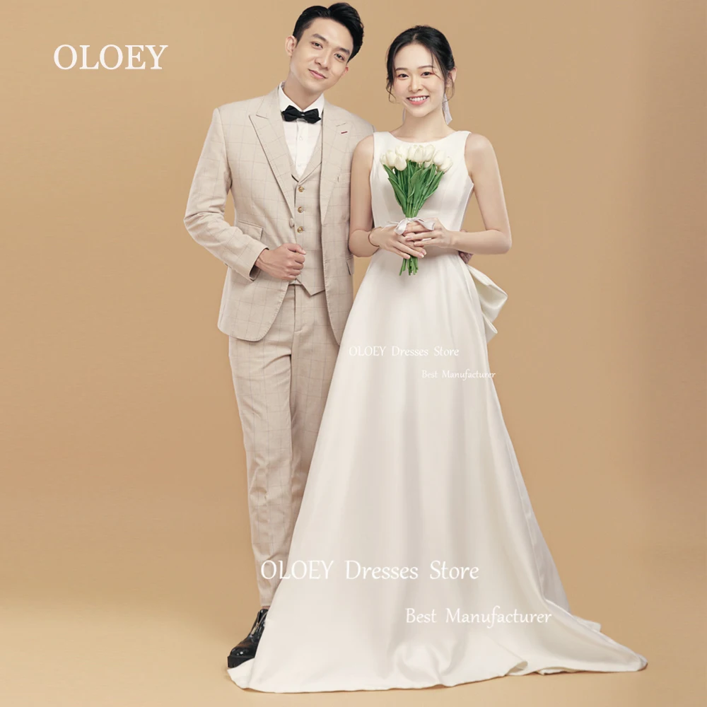 

OLOEY Simple A Line Ivory Satin Wedding Dress Korea Photoshoot O Neck Sleeveless Bridal Gown Floor Length Back Bow Custom Made