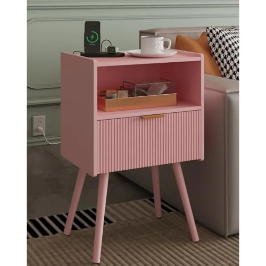 

Прикроватная тумбочка в современном стиле с выдвижным ящиком и открытой деревянной полкой, розовые ножки из массива дерева, для спальни и небольших помещений, простая в сборке