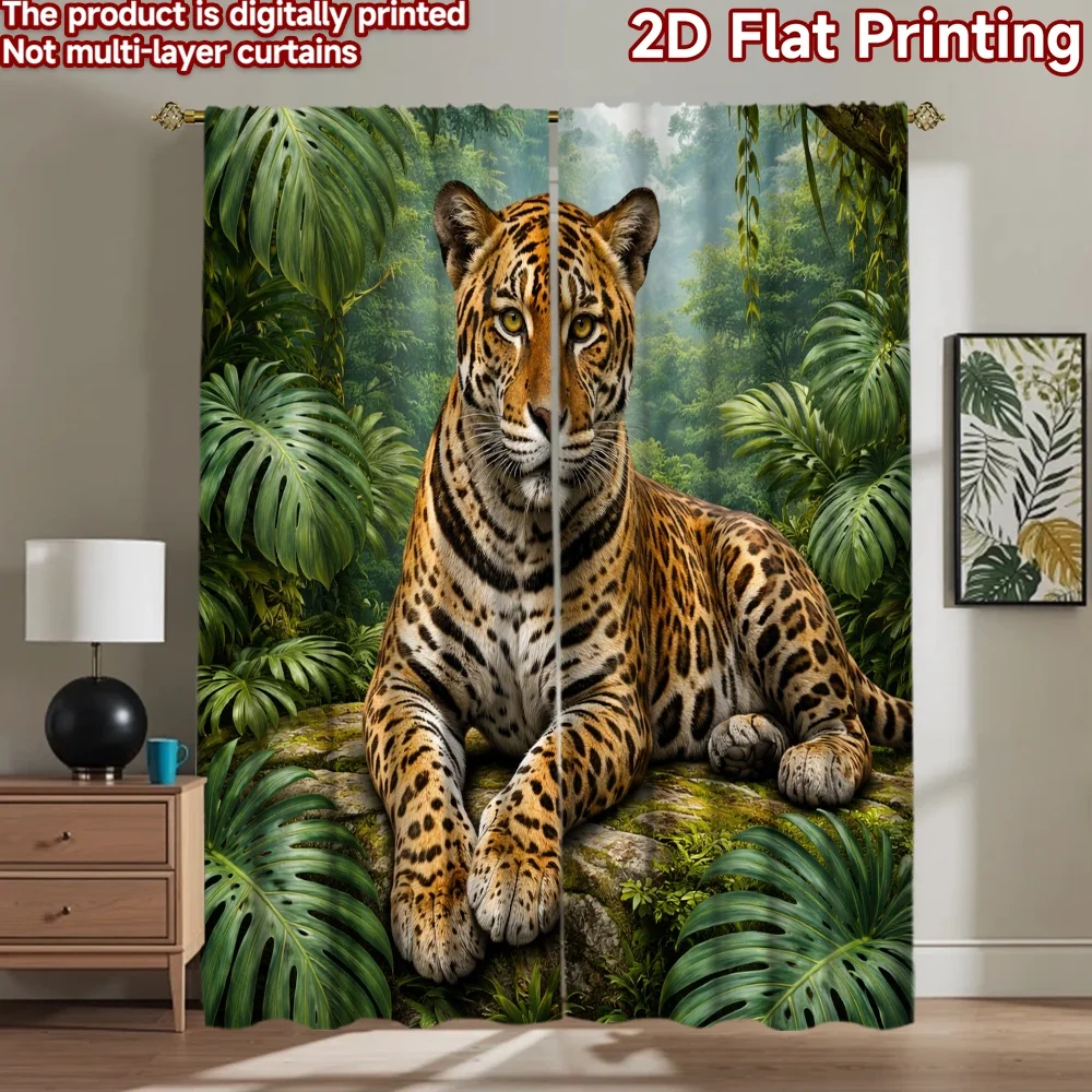 2D flat printing 2pcs Curtain Drapes Jaguar in Jungle Digital Printed Polyester Drapes Festive Curtains Perfect for Indoor