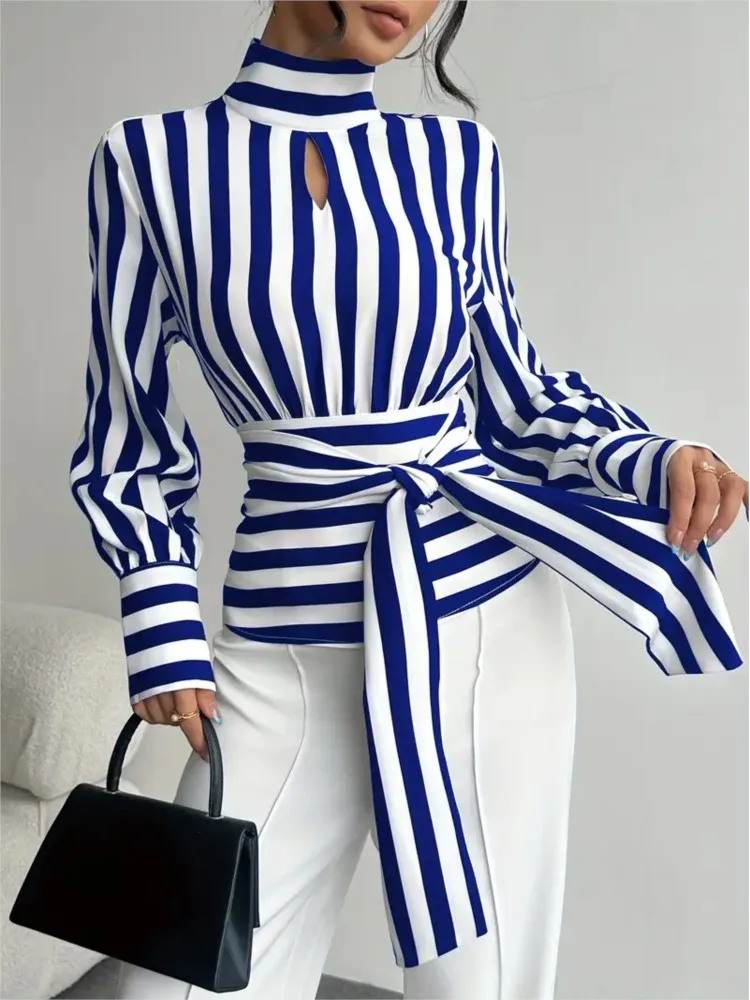 Retro Fashion Tie Waist Striped Blouses Top Women Autumn Fashion Long Sleeve Cutout Turtleneck Tops Woman Clothing Streetwear - Image 6