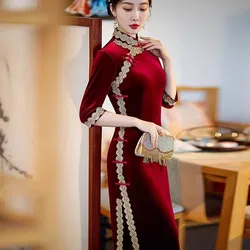 Elegant Long Cheongsam Chinese Tradition Evening Party Dress Women 2024 Autumn Winter New Velour Qipao Vestidos Mandarin Collar