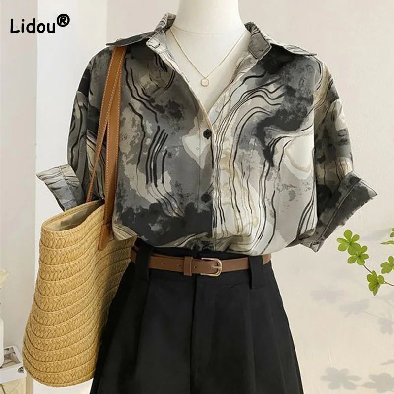 

Polo-Neck Ink Tie Dyed Shirts for Women Summer Loose Vintage Hong Kong Style Button Printed Short Sleeved Chiffon Blouses