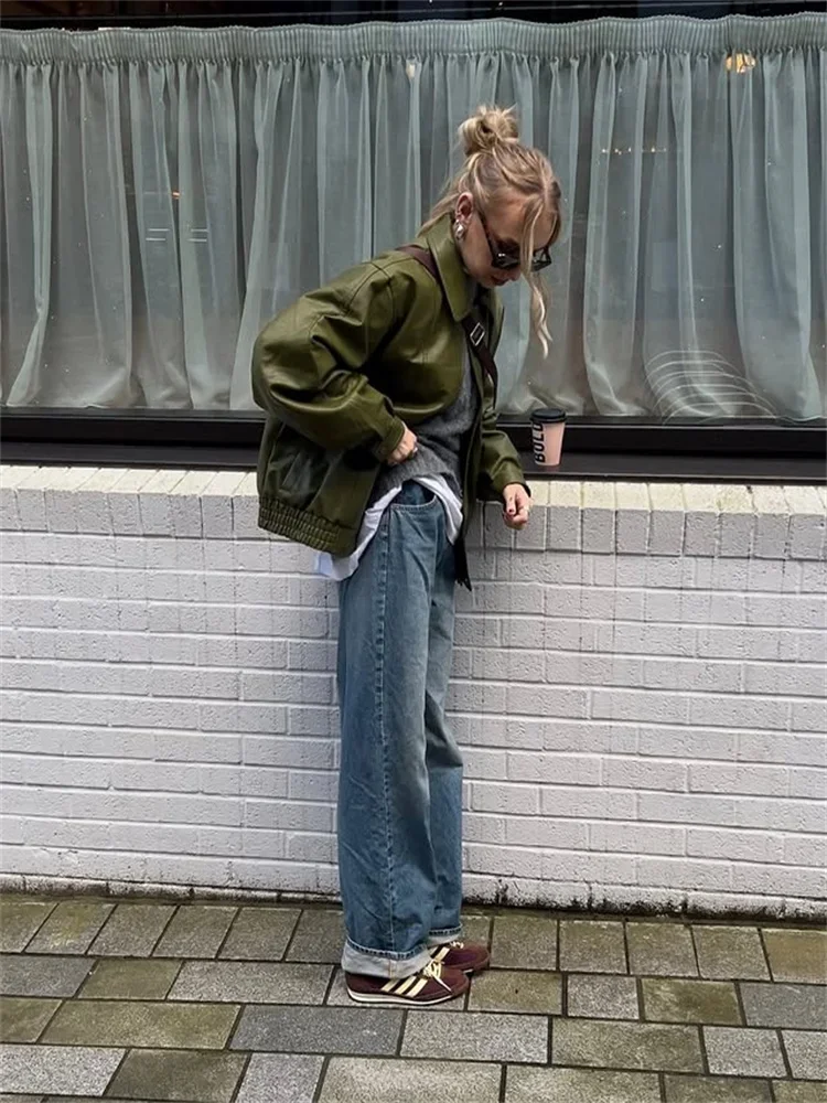 Chaqueta de cuero PU con cremallera para mujer, abrigo corto Retro verde de manga larga con solapa, moda femenina, prendas de vestir exteriores de calle para primavera y otoño