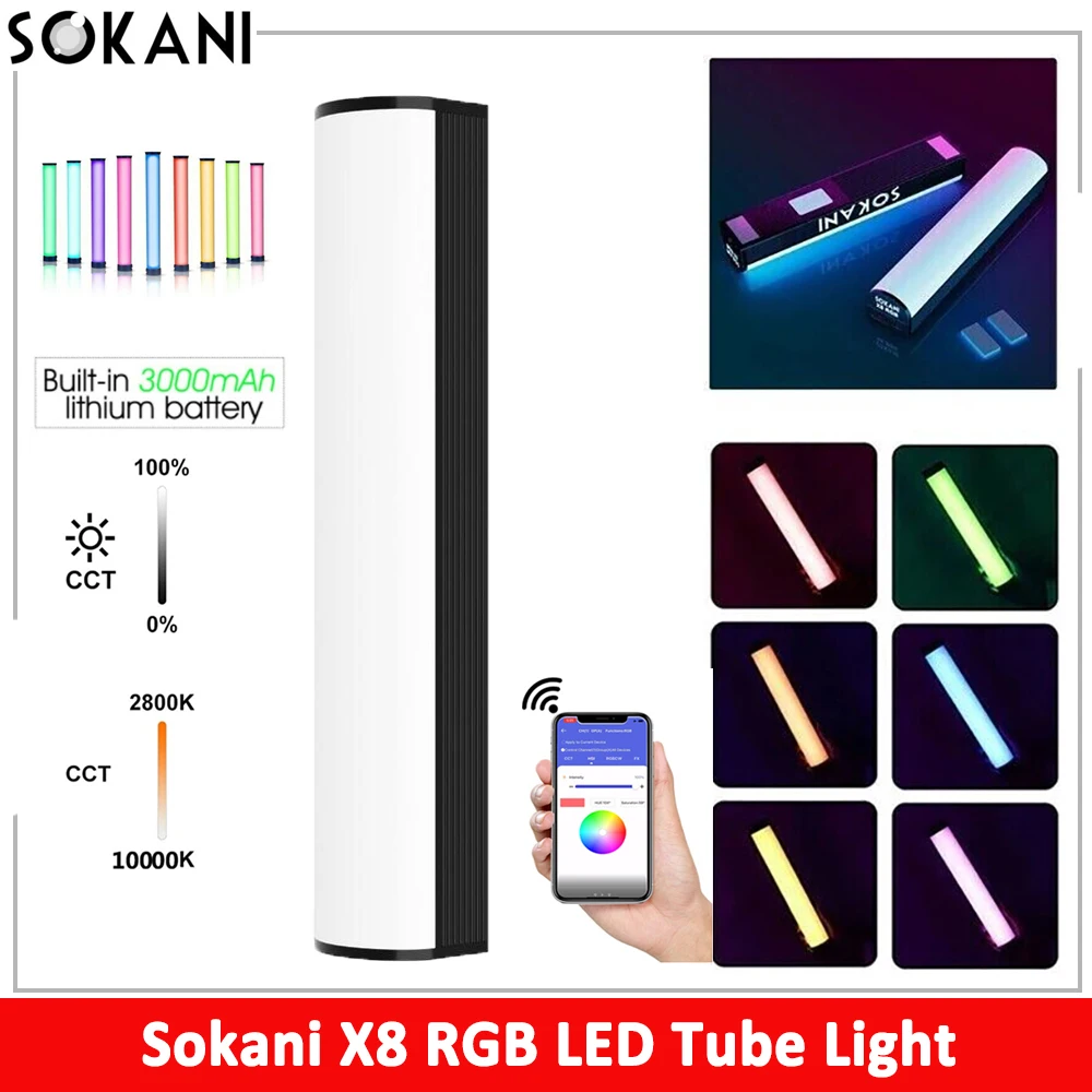 Sokani X8 RGB Tube Stick Built-in Battery & Magnet With APP Control LED Video Light For Photography Studio Photo Product Lightin