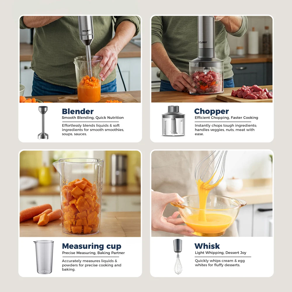 Handmixer, leistungsstarker 4-in-1-Edelstahl-Stabmixer, 700 ml Rührbecher, 500 ml Prozessor, Schneebesen