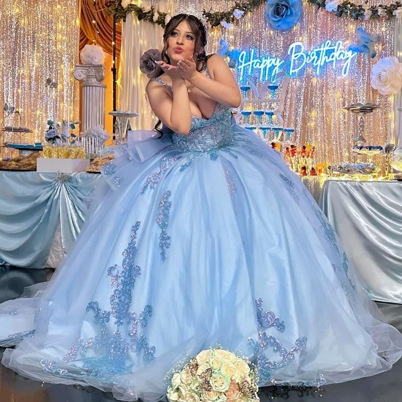 LorstudBlue-Robe de RhQuinceanera avec appliques en dentelle, corset perlé, robe mexicaine Sweet 16, robe éducative de 15 ans, YQD640, 2024