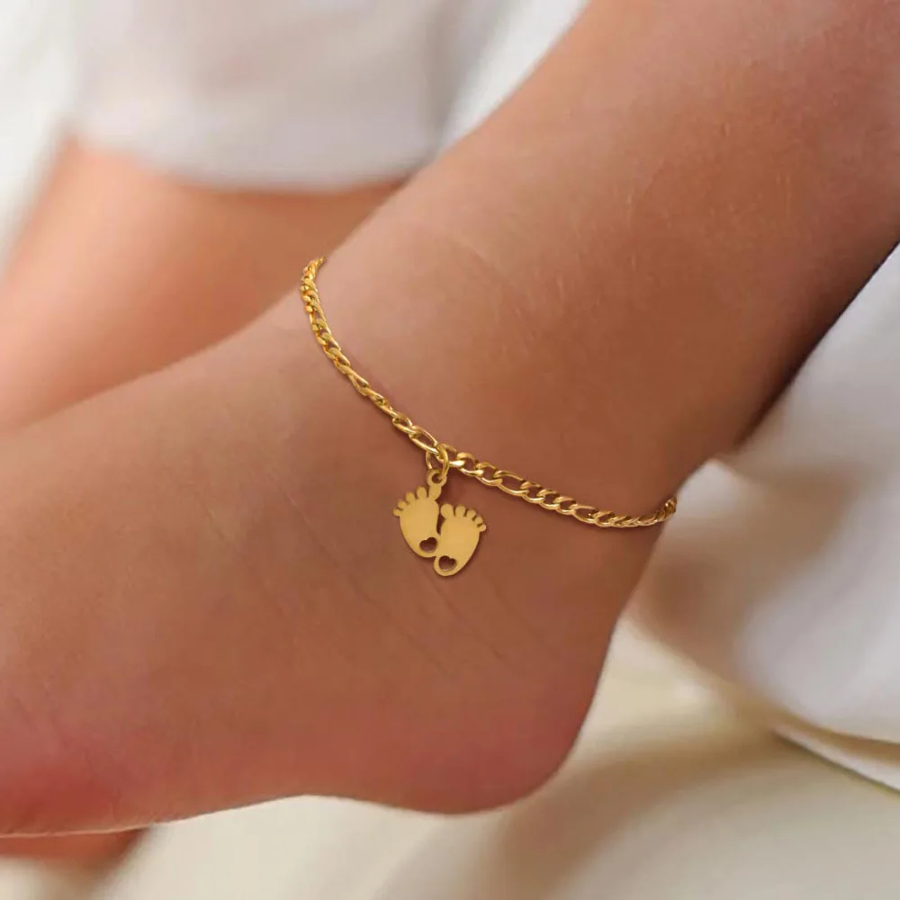 Stainless Steel Figaro Link Chain Anklet Bracelet for Baby Kids Child Girls, First Step Feet Footprint Anklets Birthday Gift
