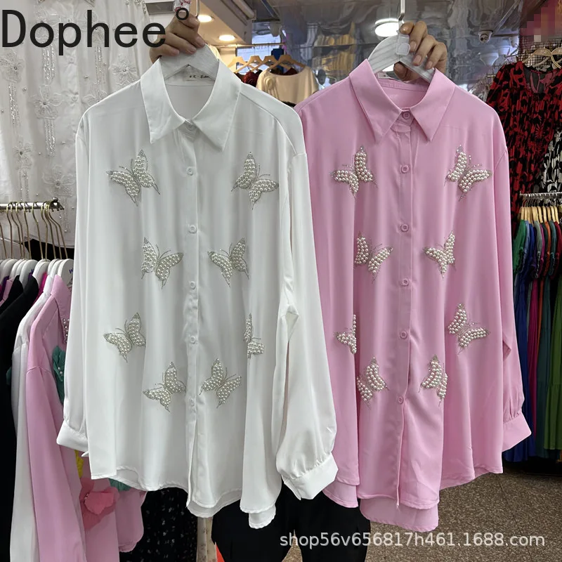 

Solid Color Beads Butterfly Loose Cardigans Top 2025 New Spring Summer Long Sleeve Women Blouses All-match Casual Female Shirts