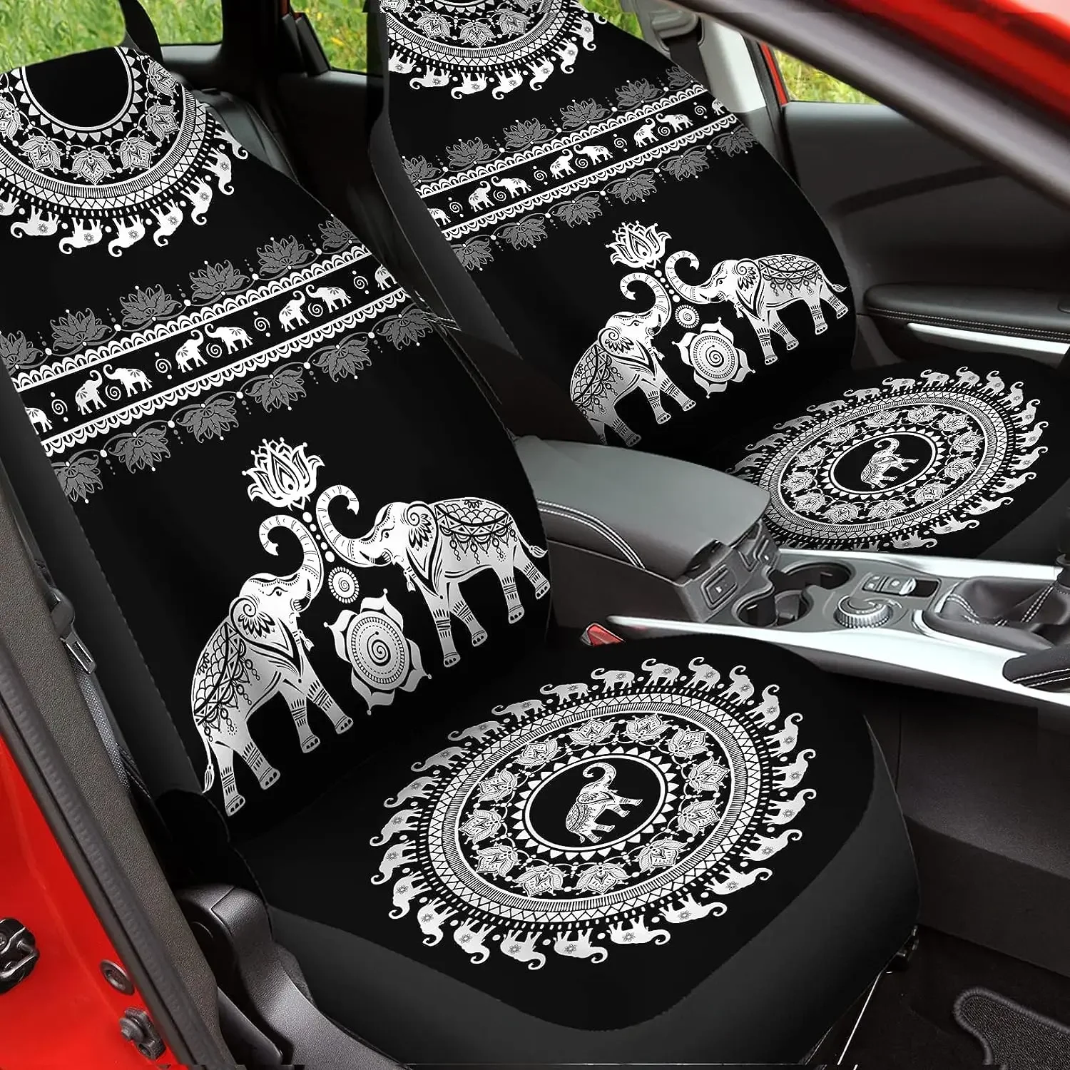 Mandala Flowers Elephant Pattern Auto Seat Cover Full Set 2 Pack Bucket Seat Covers Car Protection Accessories for Men Women