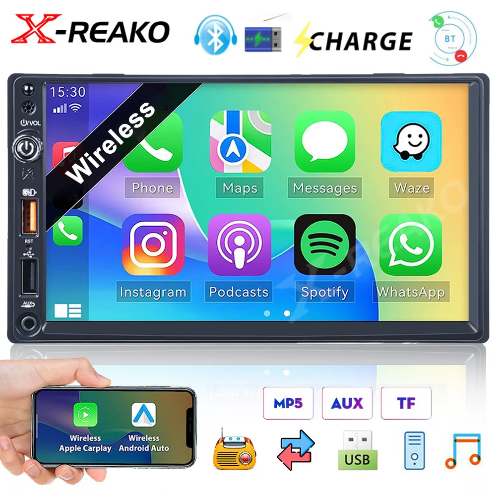 

X-REAKO 2 Din Wireless Carplay Android- Auto Car Radio 7" HD Multimedia MP5 Player MirrorLink Stereo BT 2USB Camera no DVD 1DIN