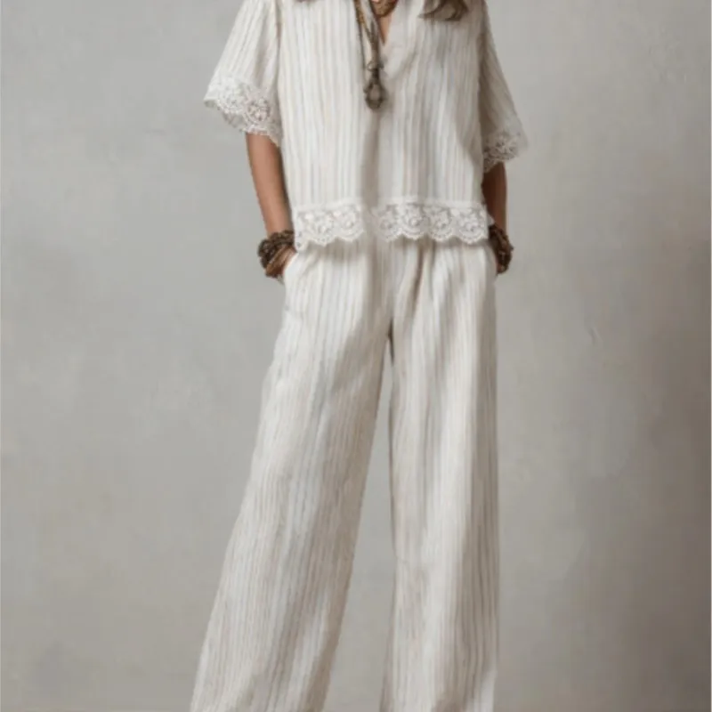 

Women Fashion Pocket Two Piece Sets Spring Summer New Solid Color Lace Patchwork V-Neck Short Sleeve Loose Top Casual Pants Set