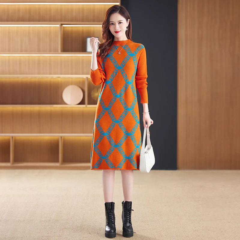 Winter Casual Elegant Warm Loose Jacquard Knited Sweater Dress Autumn Women Bodycon Turtleneck Long Wool Sweates