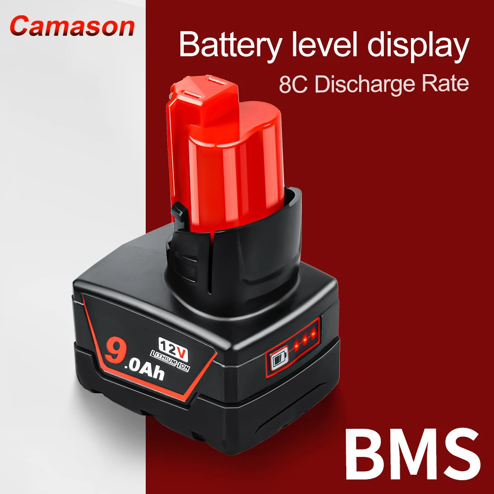 Bateria Li-ion para Milwaukee, 12V, 9Ah, Ferramentas, M12, B6, XC, Furadeira sem fio, Baterias de íon-lítio, Tela de alimentação 48-11-2402