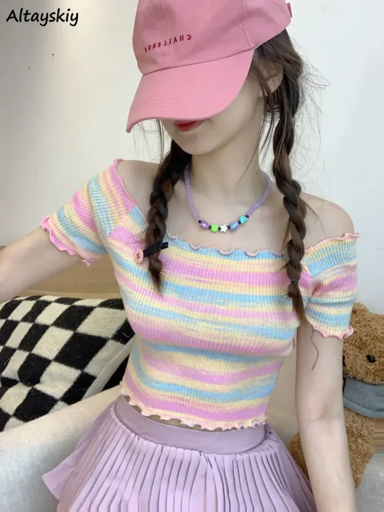 Short Sleeve T-shirts Women New Sweet Knitwear Striped Design Sexy Slash Neck Cropped Tops Fashion College Basics Simple Ulzzang