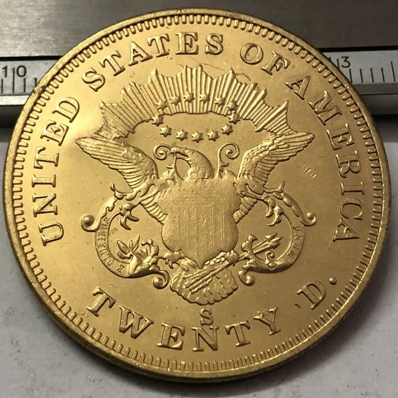 1858  P.O.S  United States LIBERTY HEAD (NO MOTTO ON REVERSE) $20 Gold Plated Copy Coin