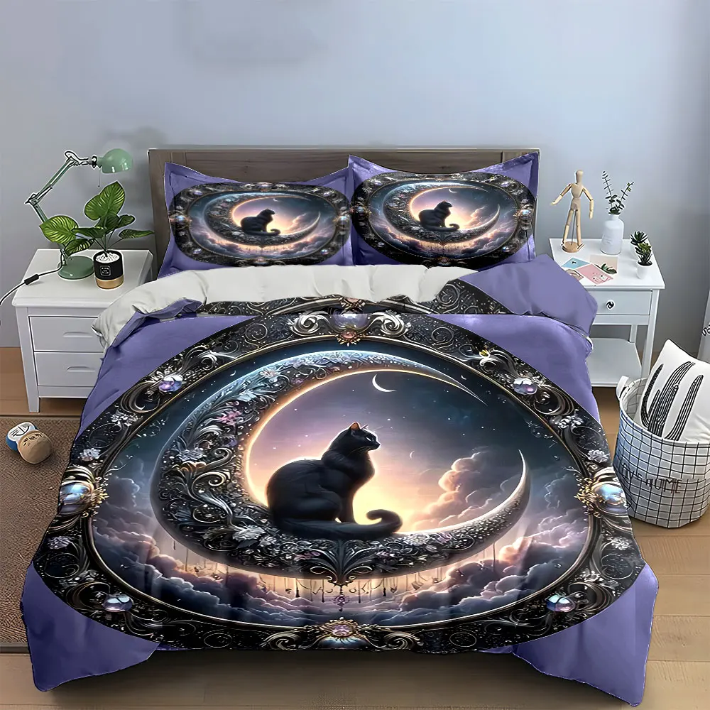 Mystic Moon Cat Decor Set Bedding Set with 1 Duvet Cover 2 Pillowcases Single Double King Queen, Gift