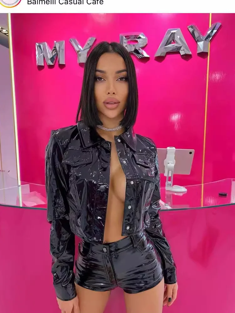 

Women's Long Sve PU Leather Jaet Collar Single Button Small Outerwear Coat Sweet Sle Regular Sve Length Autumn Winter