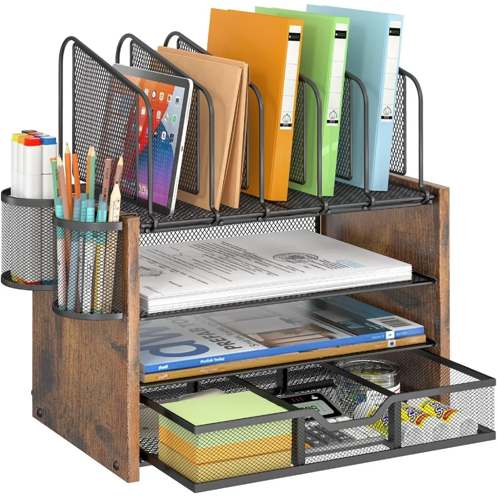 

4-Tier Mesh Desk Organizer, Wooden Desk File Organizer with 5 Vertical File Holders and 2 Pen Holders