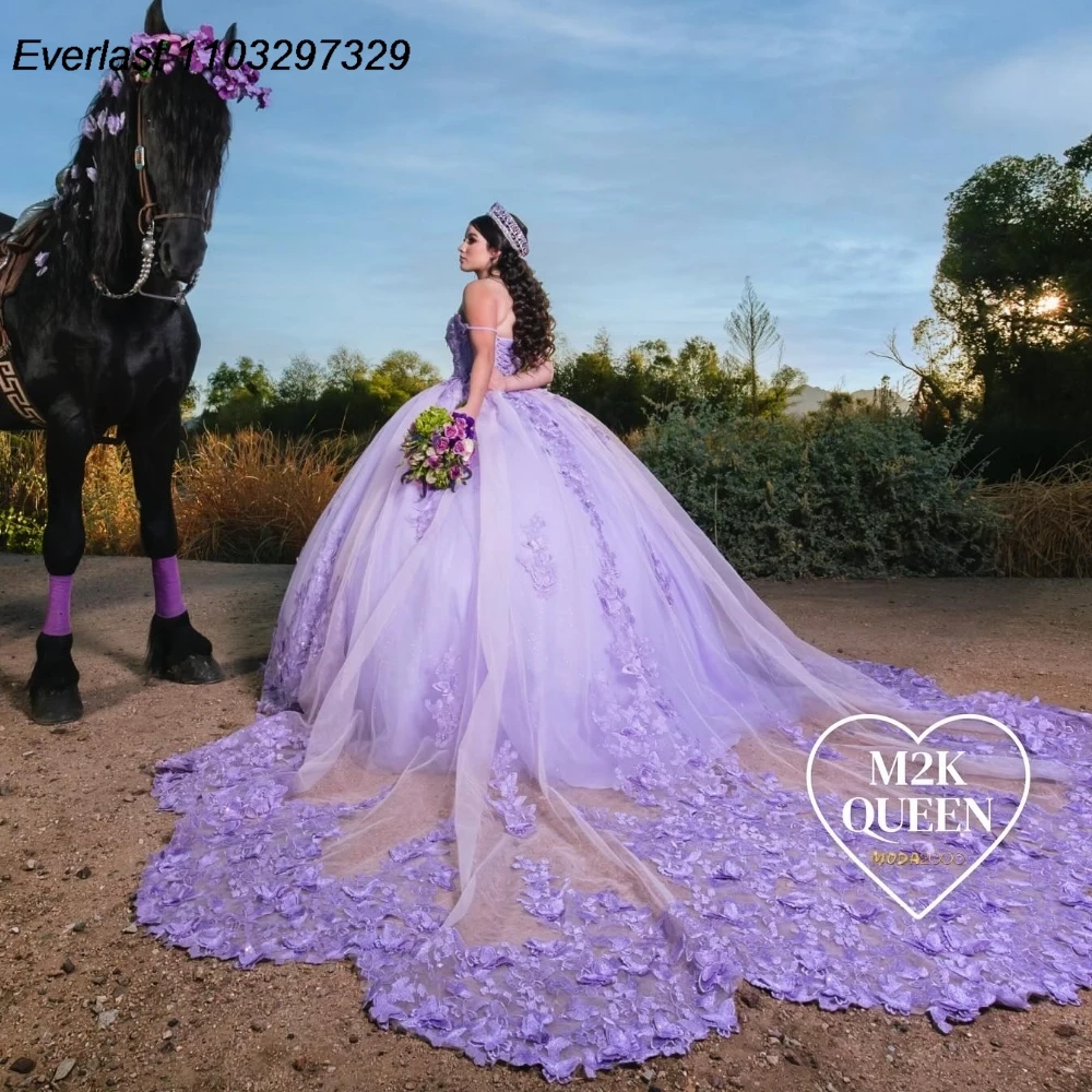 

EVLAST Customized Lavender Quinceanera Dress Ball Gown Floral Applique Beading Charro Corset Sweet 16 Vestido De 15 Anos TQD918