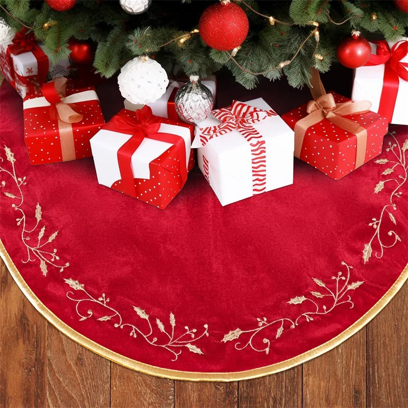 

61/122cm Red Christmas Tree Skirt Cloth Leaf Pattern Festive Floor Mat Decoration