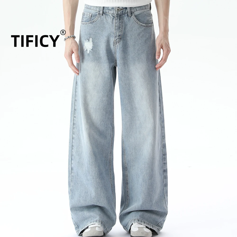 

High Street Jean Pants Men's Washed Blue Distressed A-line Straight Leg Jeans Cleanfit Casual Versatile Simple Denim Pants