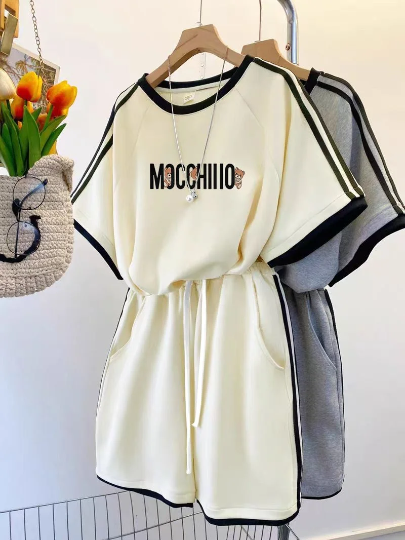 Color Block Casual Sports Set Women Summer Letter Print Short Sleeve round Neck Two Piece Set Trendy Polyester Fiber Shorts