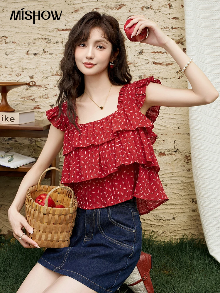 

MISHOW Red Floral Shirt for Women 2024 Summer New Blouses Square Neck Ruff Flying Sleeve Retro Female Tops Clothing MXD24X1478