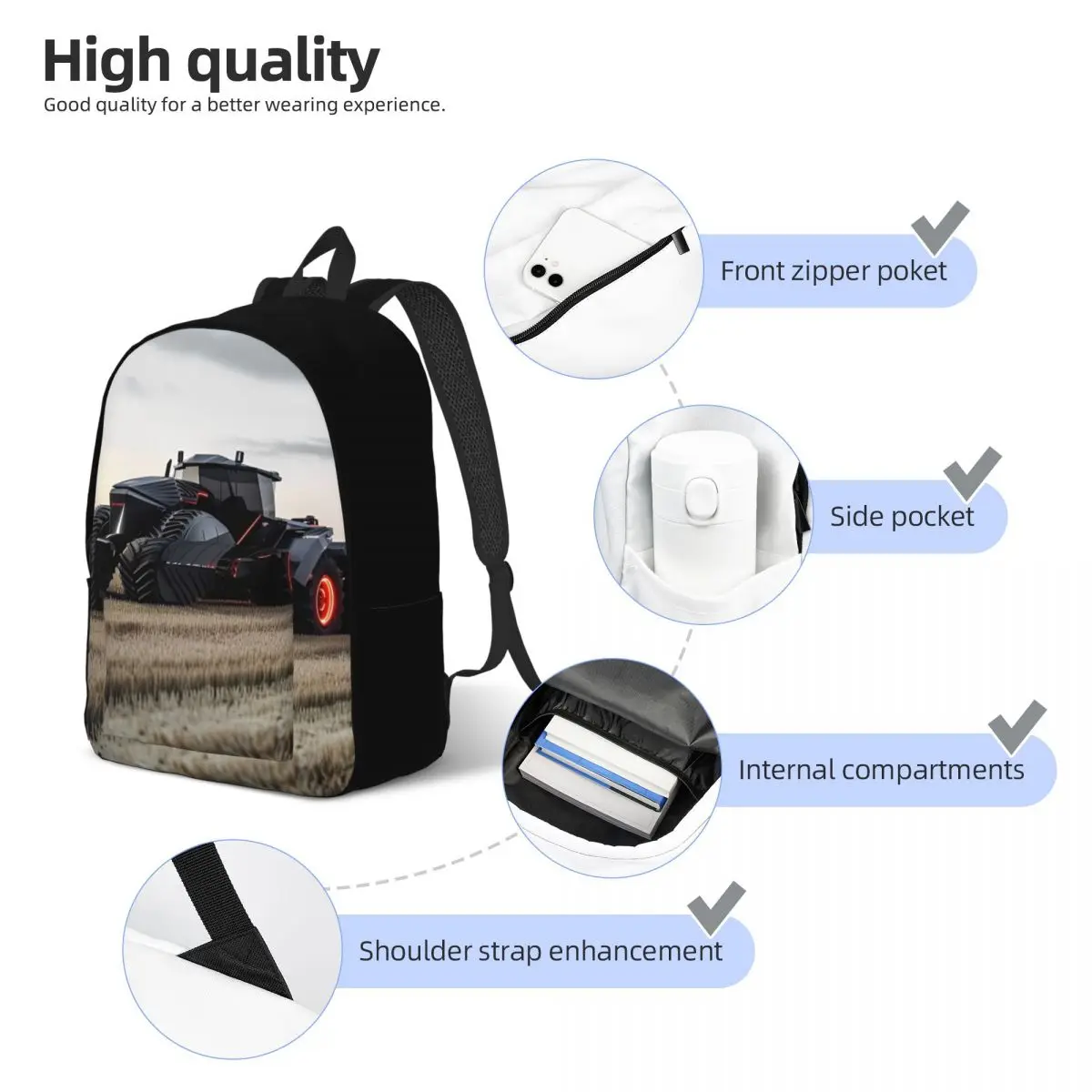 트랙터 농장 십대 배낭 스포츠 고등학교 하이킹 여행 남성용 여성용 대학 숄더 백