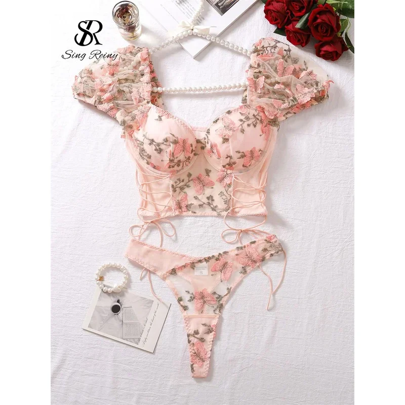 

SINGREINY сетчатое прозрачное сексуальное нижнее белье, костюмы на шнуровке с пышными рукавами, короткий топ + мини-трусы, чувственный комплект из двух предметов с цветочной вышивкой