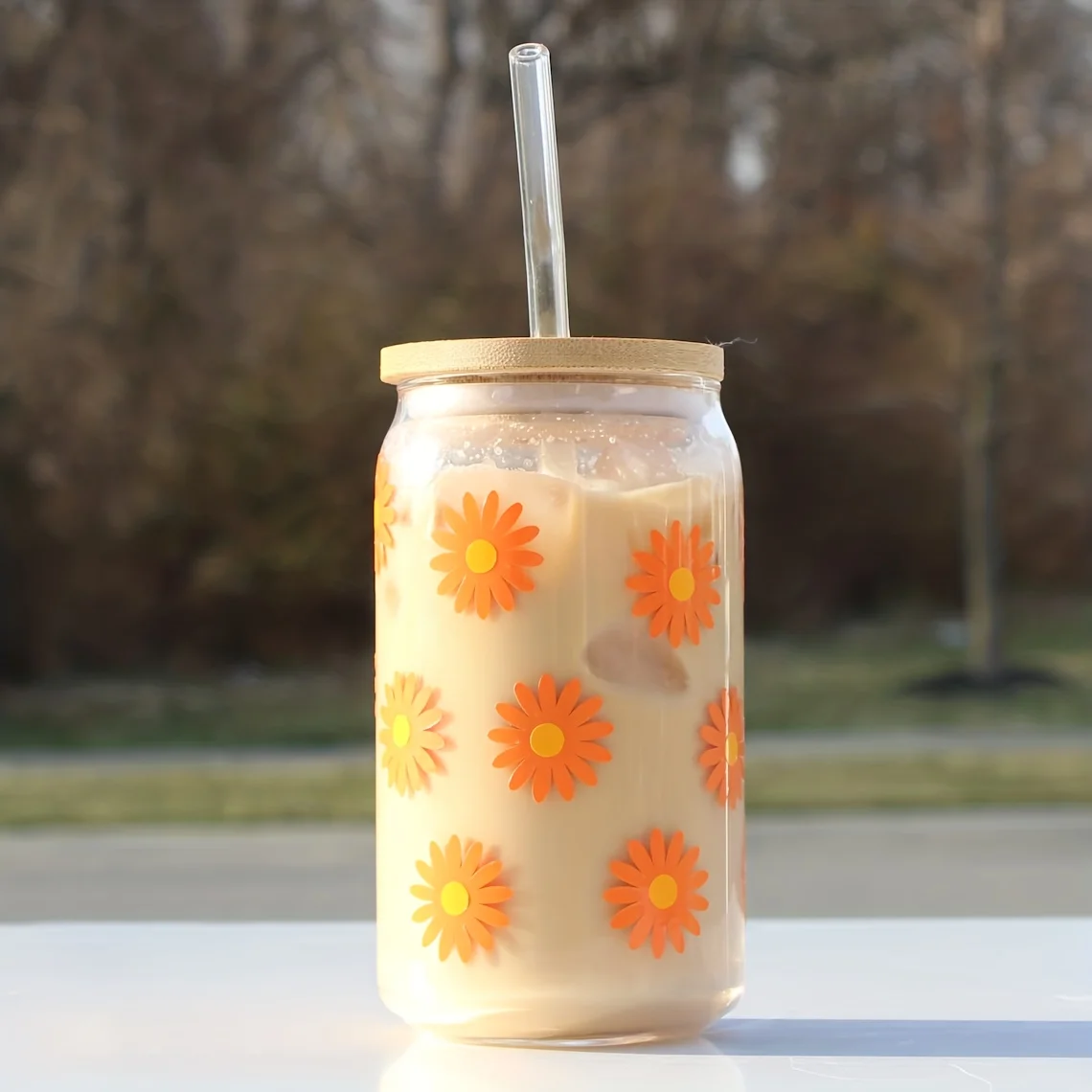 16oz Little Daisy Pattern Drinking Glass With Bamboo Lid And Straw Orange/White Glass Can Drinking Bottle For Summer Drinks