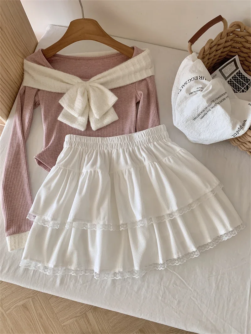 Women Skirt Sets 90s Vintage Long Sleeve Bow T-shirt with A-Line Mini Lace Skirts Y2k Elegant Two Piece Suit 2000s Clothes 2024