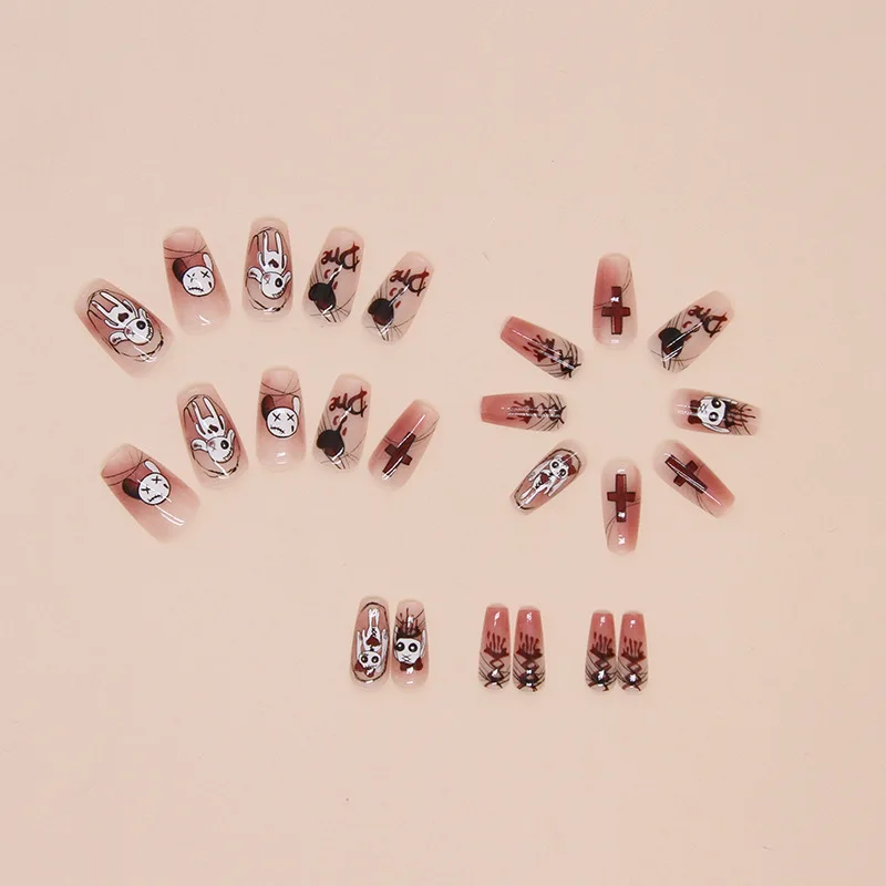 

24Pcs Long Coffin Halloween Press-on Nails: Bloody White Bunny with Red Bow, Dripping Heart, Red Cross & Gothic Lettering