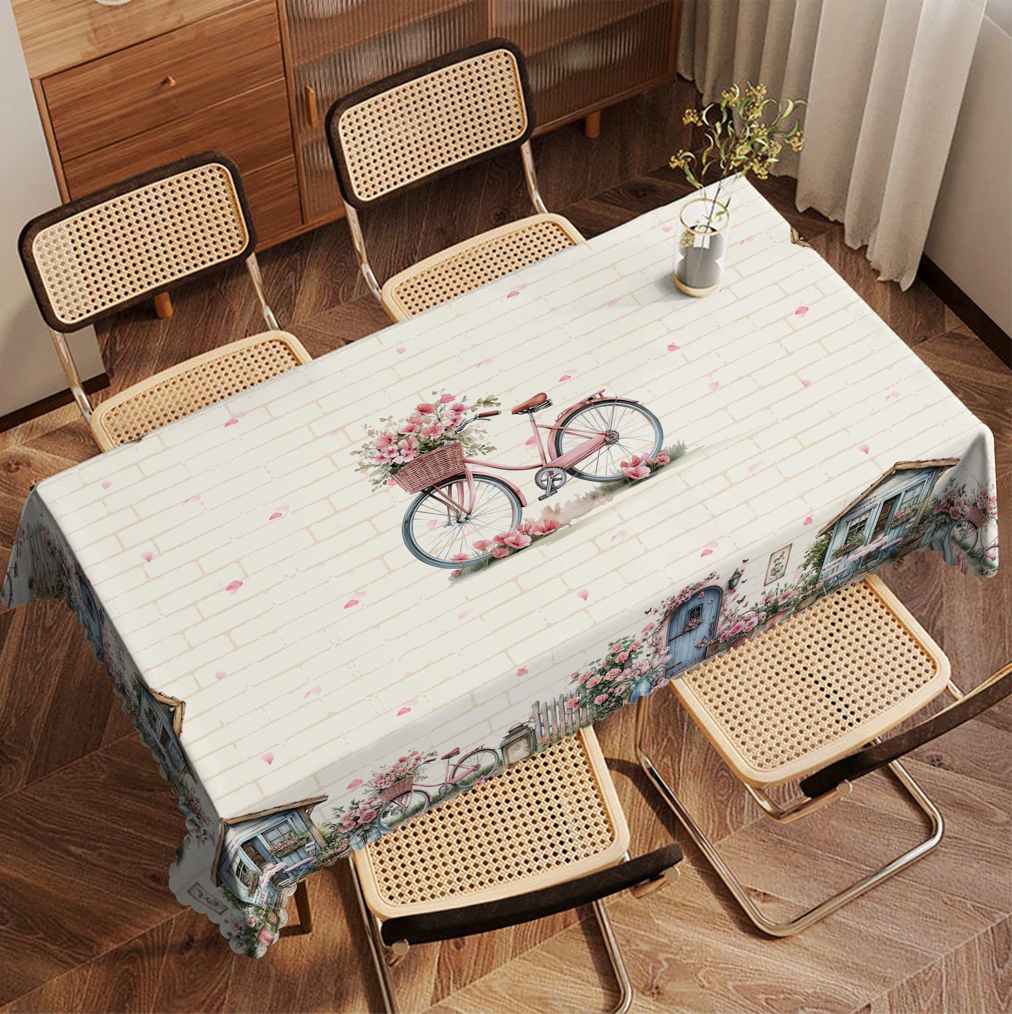 Romantic Town Themed Tablecloth, with Floral Prints of Houses, Bicycles, Camellias, Tulips, Etc., Multiple Size Options, Embossed Edges, Waterproof, Wrinkle-Resistant, Fade-Resistant, Perfect Gift for Family and Friends, Rectangular and Round Table Covers, Suitable for Spring, Summer, Autumn, and Winter, for Home Kitchens, Rooms, Courtyards, Balconies, Picnics, Cafes, Restaurant Tables H157