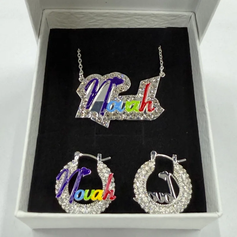Roro's Custom Colorful Enamel Stainless Steel Name Necklace and Earring Set 22mm Enamel Earrings Rhinestone Jewelry Set For Her