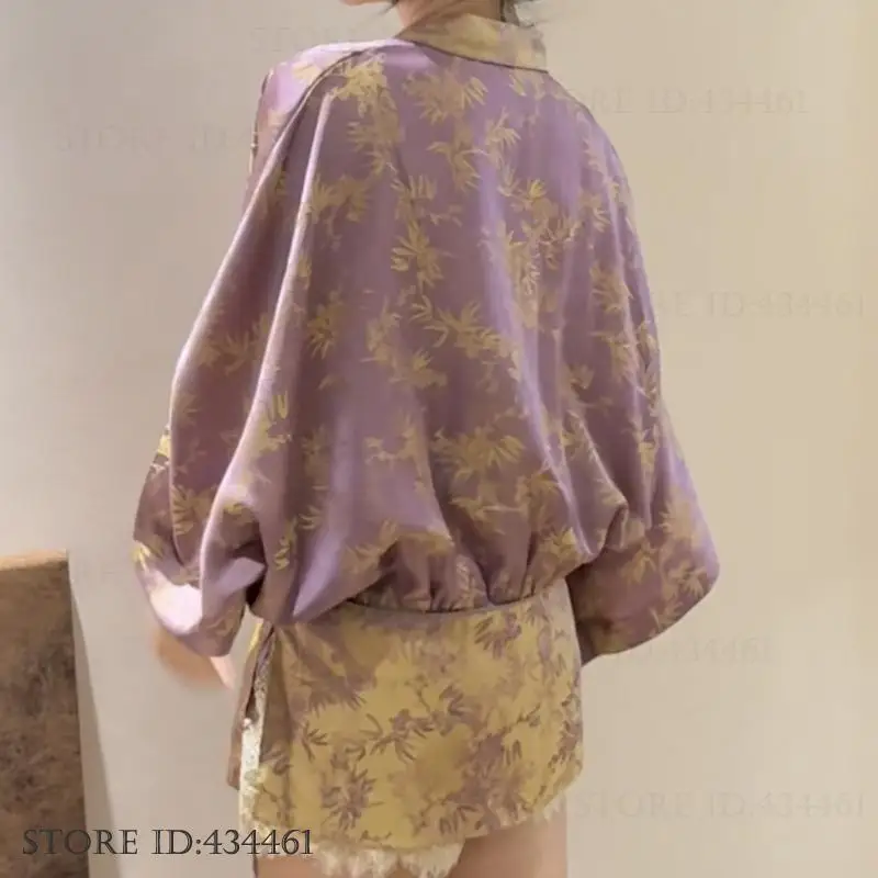 New Chinese Style Women's Pajamas 3Pcs Set Loungewear Luxury Elegant Robe Strap Top&shorts Pijamas Suit Loose Ice Silk Home Wear