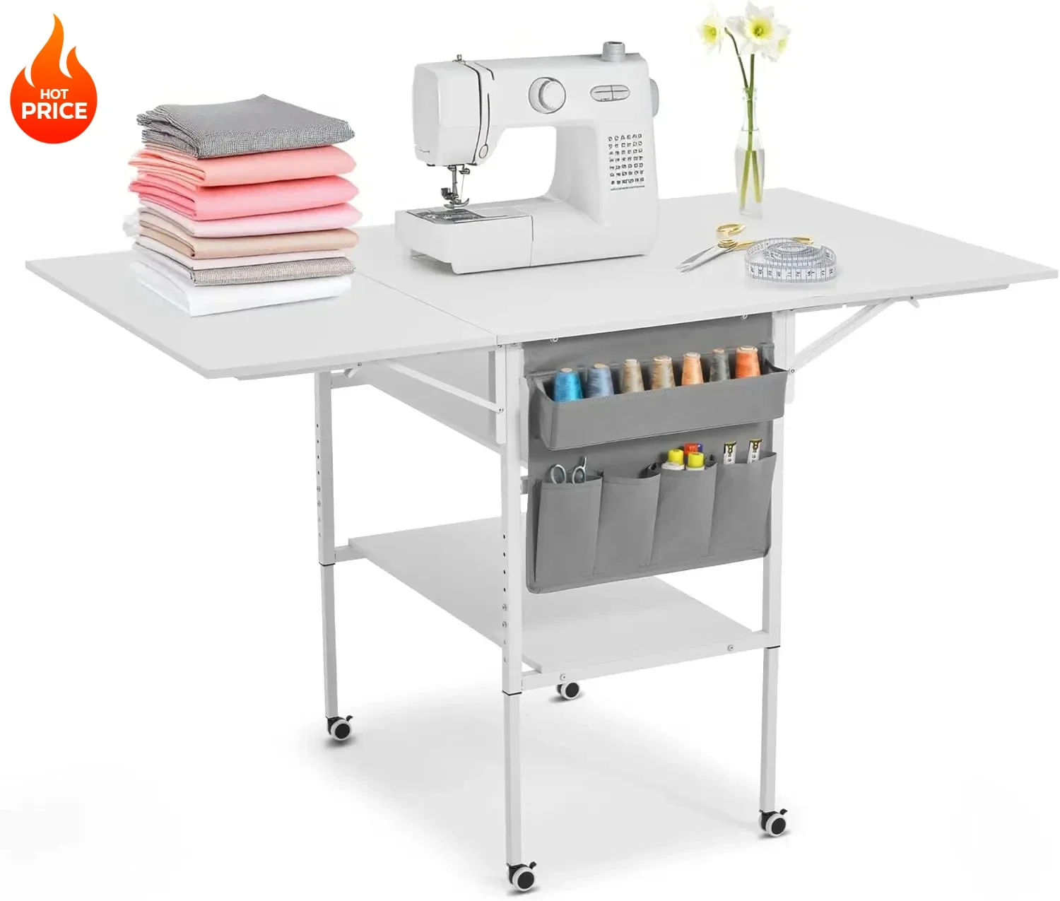 [XMSJ] طاولة خياطة قابلة للتعديل الارتفاع مع أرفف تخزين وحقيبة تخزين، طاولة قطع متنقلة قابلة للطي لمكتب قماش كبير