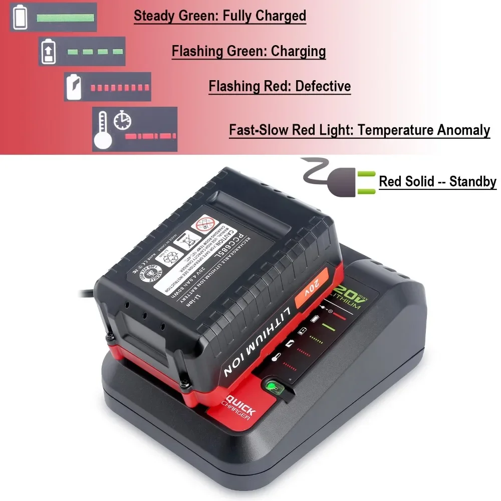 Szybka ładowarka do akumulatorów litowych 20 V do akumulatorów Porter-Cable 20 V MAX do akumulatorów litowych Black & Decker 20 V LBXR2020 PCC680L — zdjęcie produktu 5