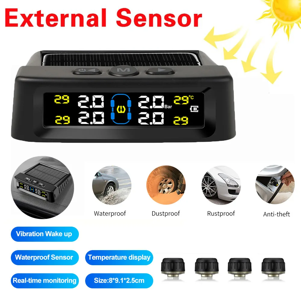 

TPMS Car Tire Pressure Alarm Monitor System Wireless Solar Power 4 Sensors Decoration With Colorful Digital Display Accessories