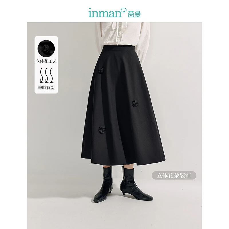 

INMAN 2024 Autumn winter 3D flower irregular women's skirt slimming mid-length loose A-line umbrella skirt Temperament