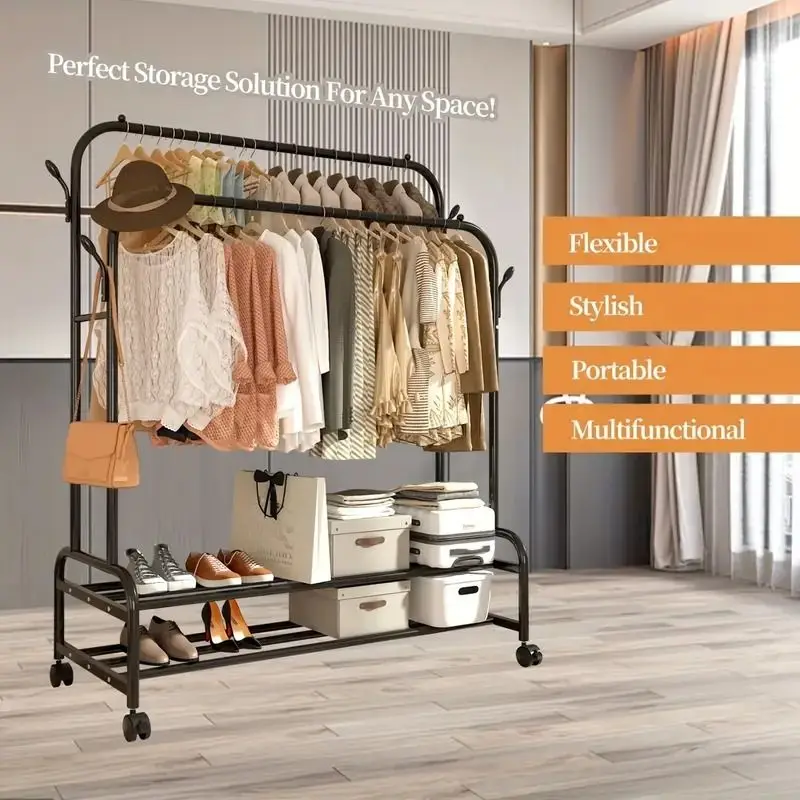 

Heavy-Duty Rolling Metal Garment Rack, with Dual Bars - Portable Clothes Hanger W/Shelves - Hooks,Functional Wardrobe Organizer