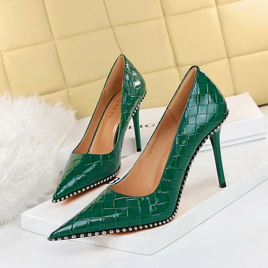 new pattern fashion Style Sexy Women's Super High Heels Shallow Notched Metal Rivet Single Ladies Shoes Pumps