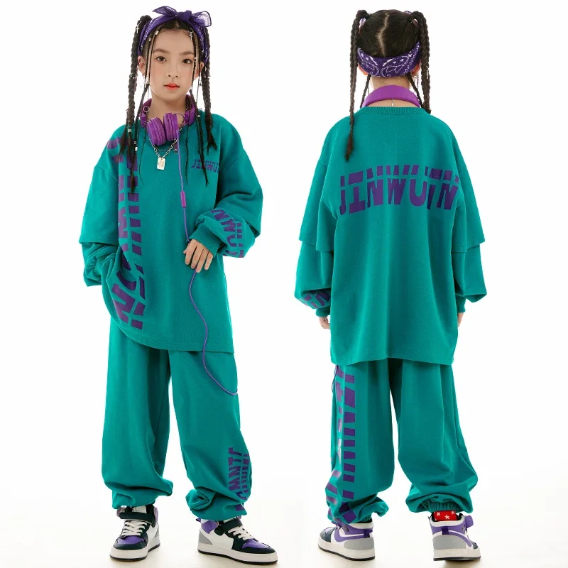 

Suit Girls Sport Jazz Dance Outfits Stage Performance Wear Kids Hip Hop Dance Costume Boys Loose Tops Pants Long Sleeves