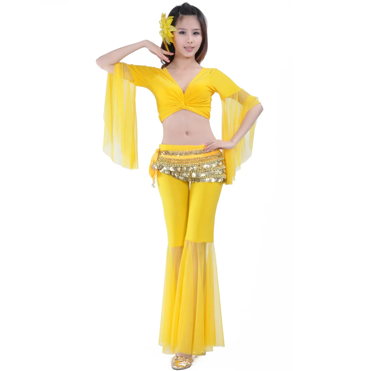 Mesh Lace-up Exercise Suit Set Belly Dance Slim Skinny Flared Pants Butterfly Sleeve Top Coin Waist Chain Stage Performance