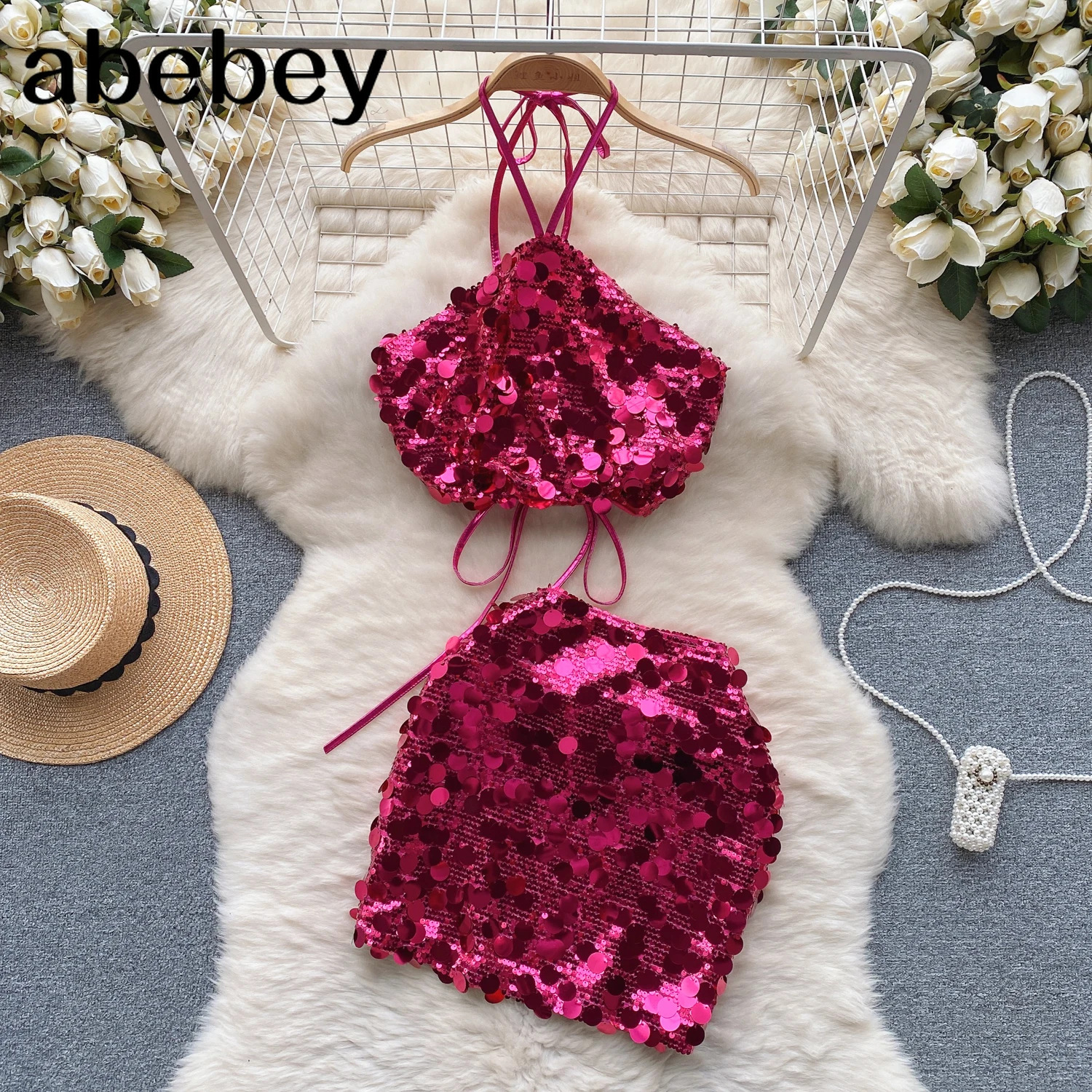 

New Fashion Streetwear Sequins Sets Women Halter Lace up Solid Sexy Camis Slim Mini Skirt Off Shoulder Backless Senior Suits