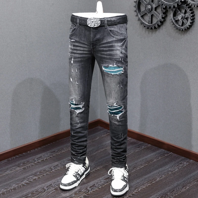 Hombre Fashion New Denim Jeans with Broken Patches, Water Washed Nostalgic Stretch Slim Fit Men's Black Grey Jeans, Designer Hip