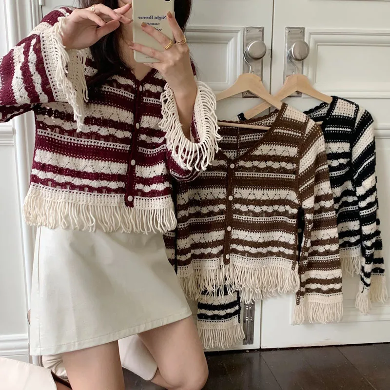 Boring Honey Kknitted Contrast Color Women's T-Shirts Stripe Hollow Out Tassels Clothing Be all-Match Fashion Long Sleeves Tops