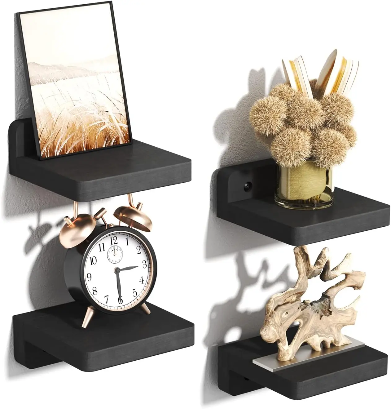 

Set of 4 Mini Floating Shelves, 4 inch Black Wall Mounted Wood Shelf for Bedroom, Bathroom, Kitchen, Office Decor and Storage