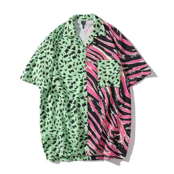 Dark Icon Green Leopard Fake Pocket Hawaiian Shirts Men Summer Button Down Vintage Men's Shirt Male Top